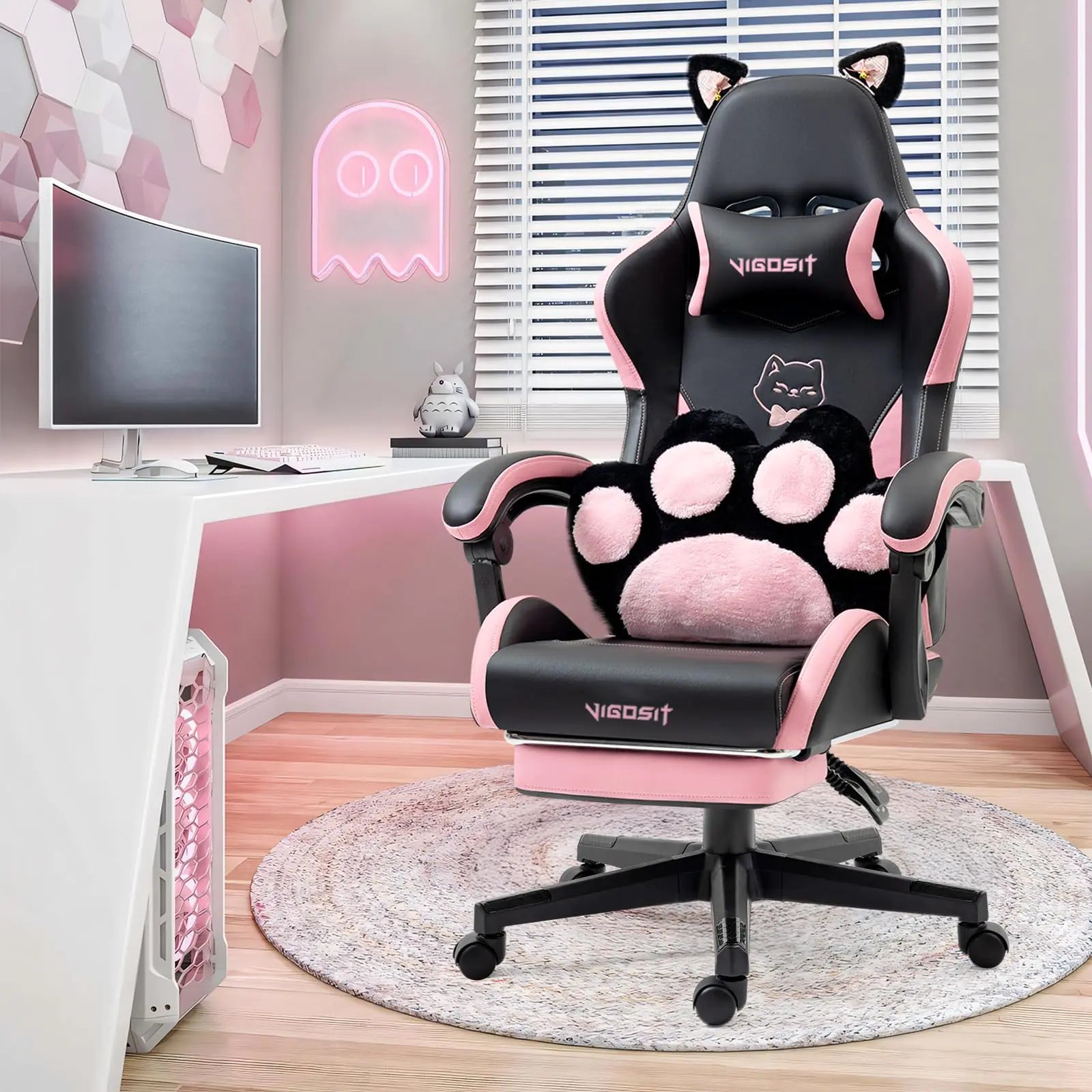 Vigosit Gaming Chair with Cat Paw Lumbar Cushion and Cat Ears