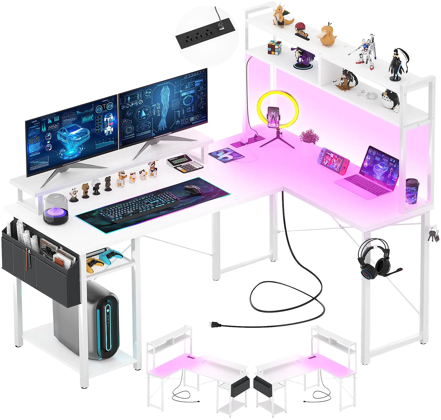Aheaplus L Shaped Desk with Charging Port & LED Strip