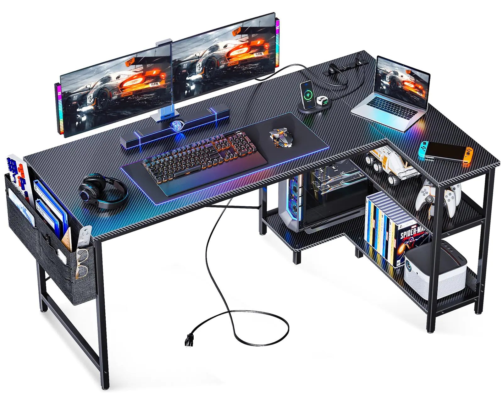ODK 55 Inch L Shaped Gaming Computer Desk with Power Outlets Corner Desk with Reversible Storage Shelves